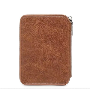 Vintage brown lychee texture leather travel wallet with secure silver metal zipper closure