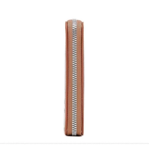 Slim light brown travel passport wallet with all-around silver metal zipper and grainy texture