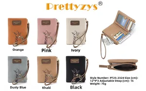 Close-up of assorted PU leather giraffe wallets showing card slots and zipper pocket