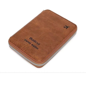 Brown leather travel passport wallet with zipper closure and embossed airplane logo