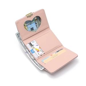 Pink tri-fold PU leather wallet for women with heart-shaped photo slot and multi-card slots