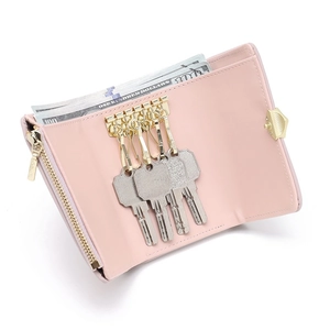 Portefeuille à clés multifonction en cuir PU rose avec crochets dorés et zip