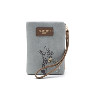 Vertical blue PU leather coin purse featuring a cute giraffe print and a wrist strap