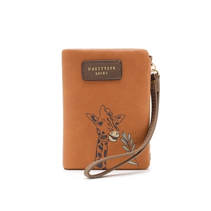 Detail of tan PU leather coin purse with realistic giraffe print and gold stamped logo