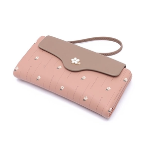 Pink floral long wallet for women with brown flap and elegant flower ornament