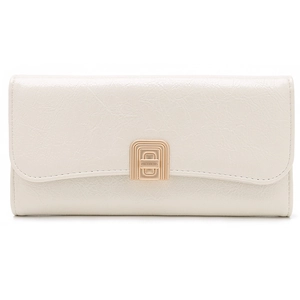 Close-up of cream textured leather wallet with luxury gold clasp and metal hardware detail