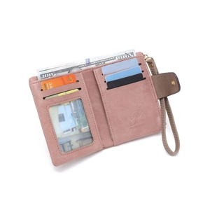 Pink matte leather multi-functional foldable purse with card slots and wrist strap