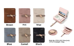 Macro detail of PU leather short wallet showing internal card slots and leaf metal clasp