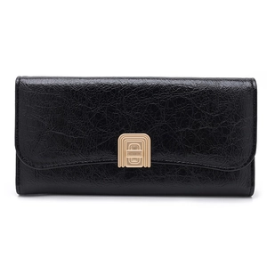 Close-up of black wrinkled texture leather wallet featuring a gold rectangular metal buckle