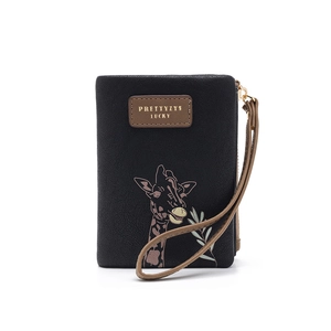 Detail of cute giraffe print on black PU leather coin purse with branded patch