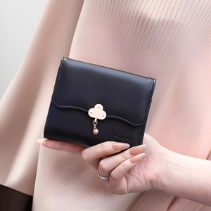 Women Short Wallet PU Leather Wave Edge Cloud Buckle Flower Pendant Triple Fold Multi Card Slot Coin Purse Daily Fashion