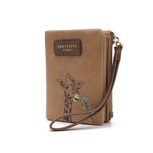 Short PU leather giraffe wallet with zipper closure and wrist strap in khaki finish