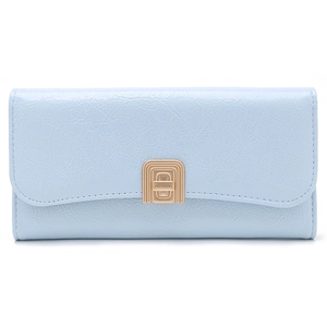 Detail view of light blue leather wallet with a premium champagne gold metal lock closure