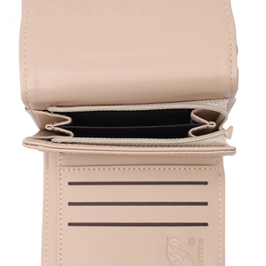 Beige floral pendant tri-fold wallet with zipper coin pocket and card slots