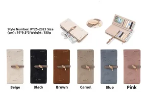 Detailed view of long PU wallet with leaf embossing, card slots and color options