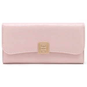 Close-up of pink leather wallet featuring a square gold buckle with embossed branding