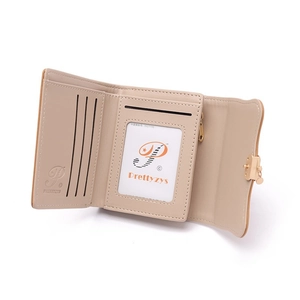 Three-fold apricot faux leather wallet with floral pendant and multiple card slots