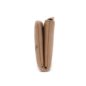 Side view of khaki PU leather bi-fold wallet showing thickness and cartoon dog print