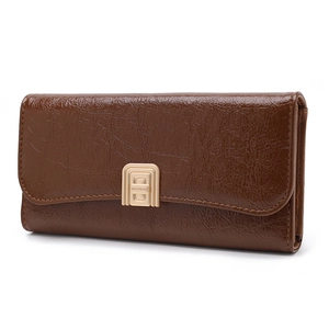 Detailed view of the dark brown PU leather texture and gold metal buckle on a long wallet