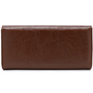 Macro detail of dark brown long wallet with glossy oil wax leather texture and stitching
