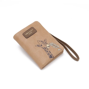 Detailed side view of khaki PU wallet featuring a giraffe print and wrist strap