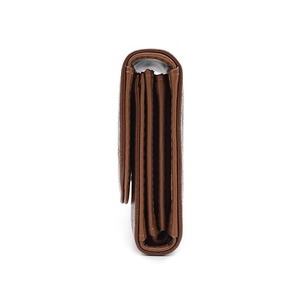 Detailed side view of the dark brown leather square wallet with multi-layer interior compartments