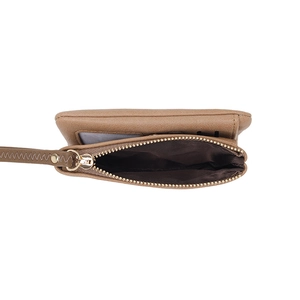 Detail view of brown PU leather giraffe coin purse with gold zipper and card slot
