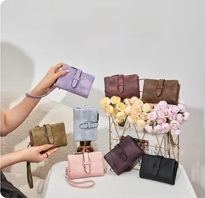 Short RFID blocking women wallet with snap buckle and multiple color options displayed
