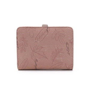 Short bi-fold women's wallet in dark pink faux leather with elegant maple leaf prints