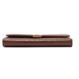 Detailed side view of brown long wallet showing polished oil wax leather and gold buckle