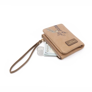 Brown PU leather compact wallet with giraffe illustration and a convenient wrist strap