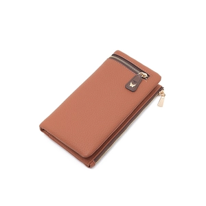 Portafoglio lungo da donna in pelle marrone con cerniera dorata e stile business