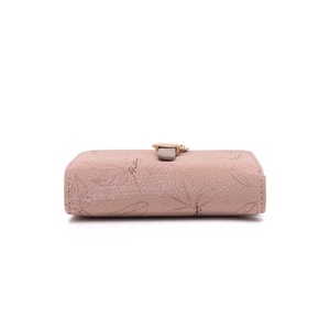 Close-up of pink leaf print wallet with leather buckle and Pretty days text design