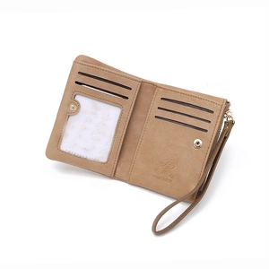 Slim khaki PU leather bifold wallet for women featuring card slots and zipper coin pocket