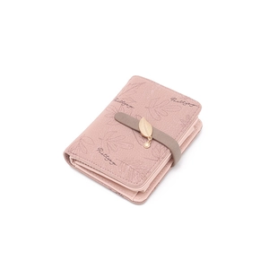 Close-up of pink PU leather wallet featuring retro leaf print and gold leaf pendant with pearl