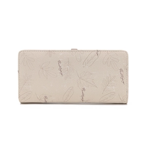 Front view of long PU leather wallet for women with elegant leaf print in apricot