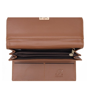 Brown leather women long wallet with multiple card slots and zipper coin pocket
