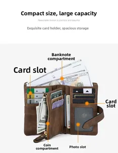 Macro view of brown leather RFID wallet interior with card slots and a photo window