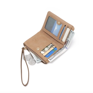 Short brown faux leather wallet showing card slots, ID window, and zipper coin compartment