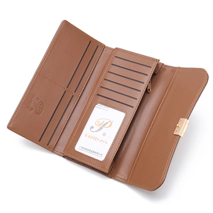 Brown long tri-fold PU leather wallet with multiple card slots and metal zipper pocket