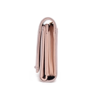 Vue latérale du portefeuille en cuir rose montrant les compartiments et le zip en métal