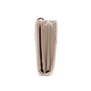 Side view of multi-layer PU leather wallet with zipper pocket and snap closure details