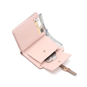 Pink foldable leather wallet with leaf clasp and owl buckle showing multi-card slots