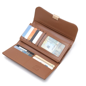 Brown leather trifold wallet with multiple card slots and gold clasp closure
