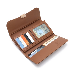 Interior view of brown PU leather long wallet with card slots and transparent ID window