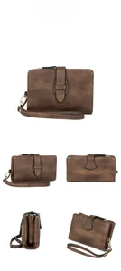 Multi-angle view of brown RFID wallet with vintage matte texture and wrist strap