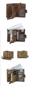 Detailed internal view of brown RFID tri-fold wallet with card slots and zipper pocket