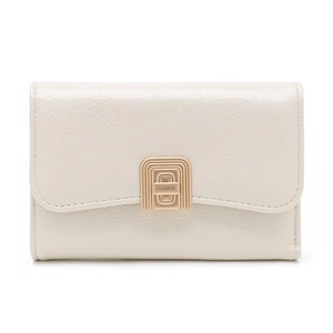Close-up of cream short wallet with gold metal arch twist lock and oil wax leather texture