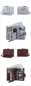 Detail view of multi-slot RFID leather wallet with wristlet and internal compartments