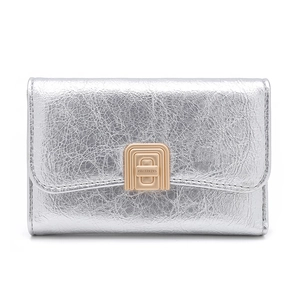 Detail of silver textured leather wallet with a gold rectangular metal logo clasp